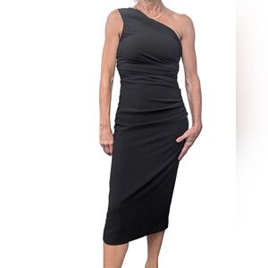 Dress the Population One Shoulder Black Midi Bodycon Quiet Luxury Dress Size S